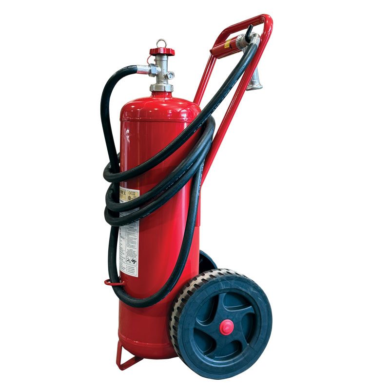 Extincteur à roulettes, sans PFOS/PFOA, 25 L, pression stockée, avec tuyau, avertisseur sonore et buse, SOLAS/MED