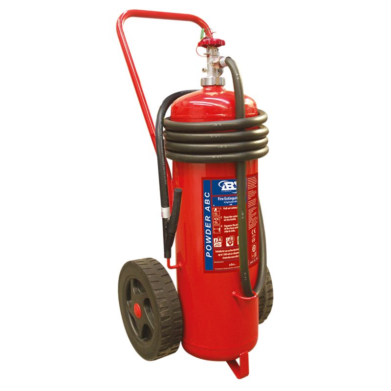 Extincteur sur roues, poudre sèche, pression stockée, avec tuyau et buse, SOLAS/MED